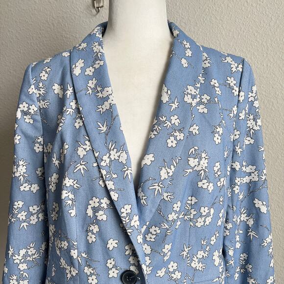 Talbots Blue Floral Single Button Blazer Jacket Women's 8 Business Formal Modest - Picture 2 of 7